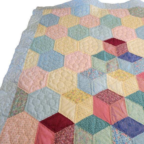 Handmade Hexagon Patchwork Quilt 51x39 Vintage Pastel 1990 Baby Lap Throw - Picture 6 of 16